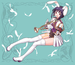 Rule 34 | 1girl, aiguillette, animal ears, aqua background, armband, black hair, bob cut, boots, chiester556, covered navel, feathers, gloves, holding, holding instrument, instrument, ito fumi, long sleeves, open mouth, pleated skirt, rabbit ears, rabbit tail, red eyes, short hair, showgirl skirt, sitting, skirt, smile, solo, tail, thigh boots, trumpet, umineko no naku koro ni, uniform, white footwear, white gloves