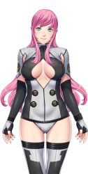 Rule 34 | 1girl, aqua eyes, blush, breasts, cleavage, cleavage cutout, closed game, clothing cutout, cowboy shot, elbow gloves, covered erect nipples, fingerless gloves, gloves, lacey mallett, large breasts, long hair, looking at viewer, pink hair, sei shoujo, smile, solo, thighhighs, transparent background
