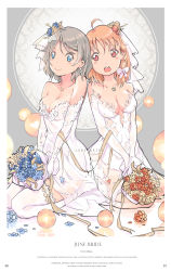Rule 34 | 10s, 2girls, ahoge, bare shoulders, blue eyes, blush, bouquet, breasts, brown hair, cleavage, dress, earrings, artistic error, flower, grey hair, hair ornament, highres, jewelry, looking at viewer, love live!, love live! school idol festival, love live! sunshine!!, medium breasts, multiple girls, necklace, open mouth, qianqian, red eyes, short hair, sitting, smile, takami chika, thighhighs, watanabe you, wedding dress