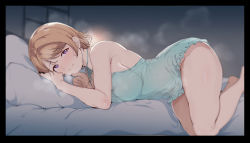 Rule 34 | 1girl, alp, bare legs, bare shoulders, barefoot, bed, blush, breasts, brown hair, closed mouth, commentary request, dress, head on pillow, indoors, koizumi hanayo, large breasts, looking at viewer, love live!, love live! school idol project, lying, night, on bed, on side, pillow, pov across bed, purple eyes, short hair, smile, solo