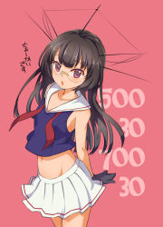 Rule 34 | 10s, 1girl, :o, arms behind back, bad id, bad pixiv id, bare shoulders, black hair, blush, choukai (kancolle), crop top, crop top overhang, glasses, gloves, kantai collection, kawagoe pochi, long hair, midriff, navel, personification, red eyes, skirt, solo