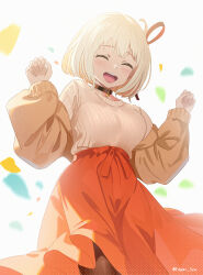 1girl ^_^ absurdres black_choker black_pantyhose blonde_hair blush bob_cut brown_jacket choker closed_eyes commentary confetti edgar_syu hair_ribbon highres jacket long_sleeves lycoris_recoil nishikigi_chisato one_side_up open_clothes open_jacket open_mouth orange_skirt pantyhose red_ribbon ribbon short_hair skirt solo sweater teeth twitter_username upper_teeth_only white_background white_sweater