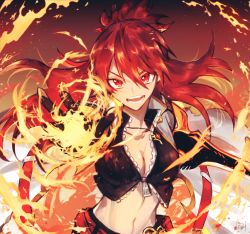 Rule 34 | 1girl, belt, black gloves, blazing heart (elsword), breasts, cleavage, collarbone, commentary, elesis (elsword), elsword, fire, gloves, hair between eyes, highres, jewelry, kazuya (lostnight), long hair, navel, necklace, open hand, open mouth, red eyes, red hair, signature, smile, solo, teeth, torn, torn clothes, upper body, zipper, zipper pull tab