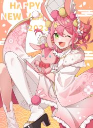 Rule 34 | 1boy, 2023, ;3, ;d, absurdres, androgynous, animal ears, black footwear, blush, bonnet, bow, chinese zodiac, commentary request, egasumi, ensemble stars!, floating hair, frills, gradient background, green eyes, hair between eyes, hair ornament, hairclip, happy new year, highres, himemiya tori, holding, holding stuffed toy, lace trim, long sleeves, looking at viewer, male focus, new year, one eye closed, open mouth, pink hair, pink headwear, pink ribbon, pom pom (clothes), pom pom hair ornament, rabbit ears, red bow, ribbon, sandals, seigaiha, shino (sinotaro ), short hair, shorts, sidelocks, simple background, single sock, single thighhigh, smile, socks, solo, stuffed animal, stuffed rabbit, stuffed toy, thighhighs, white shorts, white socks, white thighhighs, wide sleeves, year of the rabbit
