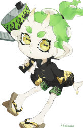 Rule 34 | 1girl, a a2001214, artist name, black coat, black shorts, blaster (splatoon), cephalopod eyes, coat, commentary request, full body, geta, green hair, gun, highres, holding, holding gun, holding weapon, horns, looking at viewer, nintendo, octoling, octoling girl, octoling player character, open mouth, parted lips, ponytail, print coat, print shorts, sandals, short hair, shorts, simple background, skin-covered horns, solo, splatoon (series), tengu-geta, tentacle hair, thick eyebrows, toes, twitter username, weapon, white background, yellow eyes