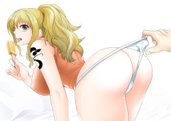 Rule 34 | 1boy, 1girl, ass, bare arms, bare shoulders, black hair, blonde hair, breasts, butt crack, chikaburo, cleavage, curvy, dress, food, hip focus, huge ass, ice cream, large breasts, licking, long hair, nami (one piece), one piece, ponytail, pulling another&#039;s clothes, red dress, sideboob, tattoo, thick thighs, thighs, wedgie, wide hips