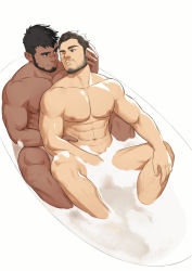 Rule 34 | 2boys, abs, avenger (dungeon and fighter), bara, bath, beard, bubble bath, completely nude, couple, dark-skinned male, dark skin, eye contact, facial hair, hand on another&#039;s face, interracial, koji (wildlhz), large pectorals, leg hair, looking at another, male focus, male priest (dungeon and fighter), mature male, multiple boys, muscular, muscular male, navel, nipples, nude, one eye closed, original, pectorals, priest (dungeon and fighter), same-sex bathing, scar, scar on face, scar on nose, shared bathing, short hair, smile, stomach, stubble, yaoi