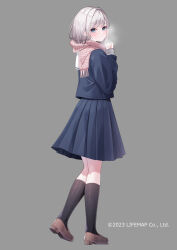 Rule 34 | 1girl, black socks, blue eyes, blue serafuku, blue shirt, blue skirt, blush, breath, brown footwear, brown scarf, chitetan, closed mouth, commentary request, fringe trim, full body, grey background, grey hair, highres, loafers, long sleeves, looking at viewer, looking back, original, own hands together, palms together, pleated skirt, sailor collar, scarf, school uniform, serafuku, shirt, shoes, simple background, skirt, sleeves past wrists, socks, solo, watermark, white sailor collar