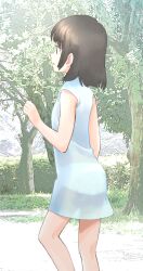 Rule 34 | 1girl, black eyes, black hair, blue dress, commentary request, day, dress, endoll, flat chest, highres, original, outdoors, panties, profile, see-through, short dress, short hair, solo, sunlight, tree, underwear, white panties