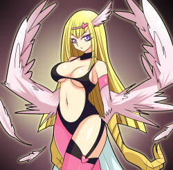 Rule 34 | 1girl, animal hands, bare shoulders, blonde hair, breasts, claws, cleavage, commentary request, duel monster, feathered wings, feathers, hair between eyes, hair ornament, harpie girl (yu-gi-oh!), harpy, heart, heart hair ornament, kageneko, long hair, medium breasts, monster girl, navel, open mouth, pink feathers, pink thighhighs, purple eyes, solo, thighhighs, underboob, winged arms, wings, yu-gi-oh!