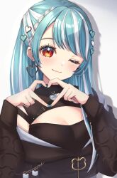 Rule 34 | 1girl, black shirt, black sleeves, blue hair, breasts, cleavage cutout, clothing cutout, detached sleeves, earrings, hair ornament, heart, heart earrings, heart hair ornament, heart hands, highres, jewelry, long hair, long sleeves, looking at viewer, medium breasts, multicolored hair, one eye closed, red eyes, reityana, shiranami ramune, shirt, simple background, smile, solo, streaked hair, upper body, virtual youtuber, vspo!, white background, white hair