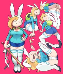 Rule 34 | 1girl, adventure time, animal hood, ass, backpack, bag, blonde hair, breasts, cleavage, covering privates, covering ass, fionna campbell, gashi-gashi, hood, large breasts, lying, on side, panties, rabbit hood, ribbon, simple background, skirt, socks, spread legs, sword, thighhighs, underwear, upskirt, weapon, white panties, white thighhighs, wide hips, zettai ryouiki