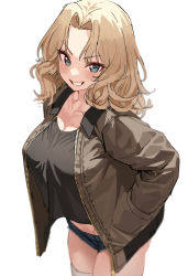 Rule 34 | 1girl, absurdres, blonde hair, blue eyes, blue shorts, blurry, blush, breasts, commentary, cowboy shot, denim, denim shorts, girls und panzer, grin, hair intakes, hands in pockets, highres, jacket, kay (girls und panzer), large breasts, long hair, long sleeves, looking at viewer, military, military uniform, mx2j, open clothes, open jacket, saunders military uniform, short shorts, shorts, simple background, smile, solo, standing, thighhighs, uniform, white background, white thighhighs