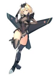 Rule 34 | 1girl, aircraft, airplane, airplane wing, blonde hair, blue eyes, blush, boots, covered navel, fighter jet, hair behind ear, hair ornament, hairclip, high heel boots, high heels, highres, jet, leotard, mecha musume, medium hair, military, military vehicle, nokke o, open mouth, original, personification, skin tight, solo, su-47 berkut, thigh boots, thighhighs, twisted torso, white background