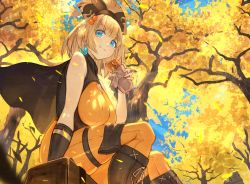 Rule 34 | 1girl, autumn, autumn leaves, bare shoulders, blonde hair, blue eyes, bodysuit, boots, breasts, cape, earrings, eating, food, from below, ginkgo tree, gloves, hair bobbles, hair ornament, highres, jewelry, large breasts, looking to the side, medium hair, moco (moco 28), orange bodysuit, original, outdoors, sandwich, shade, single glove, sitting, sky, smile, solo, thigh strap, yellow theme
