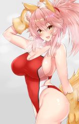 Rule 34 | 10s, 1girl, animal ear fluff, animal ears, animal hands, breasts, breath, cleavage, competition swimsuit, covered navel, cowboy shot, fangs, fate/extra, fate/grand order, fate (series), fox ears, fox tail, gloves, grey background, highres, large breasts, looking at viewer, one-piece swimsuit, open mouth, paw gloves, pink hair, red one-piece swimsuit, sankakusui, simple background, smile, solo, swimsuit, tail, tamamo (fate), tamamo cat (fate)