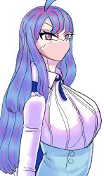 Rule 34 | 1girl, blue hair, blue skirt, breasts, cape, horns, large breasts, long hair, looking at viewer, mask, mouth mask, multicolored hair, neck ribbon, one piece, pink eyes, ribbon, shirt, skirt, solo focus, sorambk, ulti (one piece), upper body, white background, white shirt