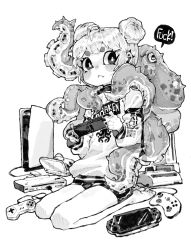 Rule 34 | 1girl, ahoge, animal, barcode, barefoot, blush, closed mouth, controller, double bun, ear piercing, earrings, english text, fingernails, game console, game controller, greyscale, hair bun, handheld game console, hb 091, highres, holding, jewelry, kneeling, looking back, monochrome, nintendo ds, nintendo switch, octopus, original, piercing, playing games, playstation 4, playstation portable, profanity, qr code, short eyebrows, short hair, simple background, speech bubble, spikes, tentacles, white background, wii