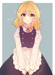 Rule 34 | 1girl, annoyed, black headwear, black skirt, black vest, blonde hair, blue background, blush, border, bow, braid, buttons, closed mouth, commentary request, hair bow, hat, unworn hat, unworn headwear, highres, holding, holding clothes, holding hat, kirisame marisa, long sleeves, looking at viewer, medium hair, necono (nyu6poko), pink bow, pout, pouty lips, red ribbon, ribbon, shirt, side braid, simple background, single braid, skirt, touhou, turtleneck, two-tone background, upper body, v-shaped eyebrows, vest, white border, white shirt, witch, witch hat, yellow eyes