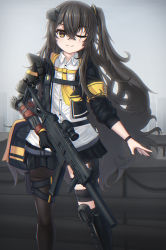 Rule 34 | 1girl, ;), absurdres, armband, black hair, black jacket, black pantyhose, black skirt, closed mouth, collared shirt, commentary, dress shirt, girls&#039; frontline, gun, h&amp;k ump, hair between eyes, highres, holding, holding gun, holding weapon, jacket, long hair, long sleeves, looking at viewer, mod3 (girls&#039; frontline), one eye closed, one side up, open clothes, open jacket, pantyhose, pleated skirt, scar, scar across eye, scar on face, shirt, single leg pantyhose, skirt, smile, solo, standing, stratosphere (coom1017), ump45 (girls&#039; frontline), ump45 (mod3) (girls&#039; frontline), very long hair, weapon, white shirt, yellow neckwear