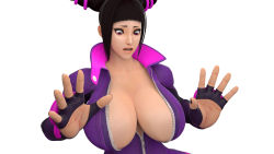 Rule 34 | 1girl, 20s, 3d, absurdres, arms up, black hair, blender (medium), blunt bangs, bodysuit, breast expansion, breasts, capcom, catsuit, cleavage, dpmaker, drill hair, female focus, fingerless gloves, gloves, han juri, high collar, highres, huge breasts, kneeling, multicolored bodysuit, multicolored clothes, padded gloves, pink bodysuit, pink eyes, purple bodysuit, rolling eyes, short hair, sidelocks, simple background, solo, street fighter, street fighter v, surprised, testicles, twin drills, unzipped, white background, wide-eyed, zipper