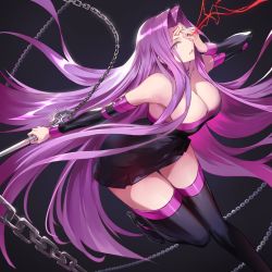 Rule 34 | 1girl, bare shoulders, black dress, black footwear, black sleeves, blindfold, boots, breasts, cleavage, collar, detached sleeves, dress, facial mark, fate/stay night, fate (series), forehead mark, highres, large breasts, long hair, long sleeves, looking at viewer, medusa (fate), medusa (rider) (fate), nameless dagger (fate), nr noir, purple collar, purple hair, short dress, strapless, strapless dress, thigh boots, thighhighs, thighs, very long hair