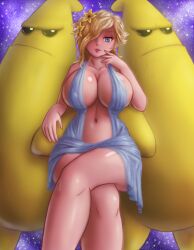 Rule 34 | 1girl, ancient greek clothes, aphrodite (shuumatsu no valkyrie) (cosplay), banana, blonde hair, blue cloth, blue eyes, breasts, cleavage, crossed legs, dual persona, flowers in hair, food, fruit, glasses, greco-roman clothes, hair over one eye, huge breasts, long hair, looking back, mario (series), nintendo, parody, rosalina, saf-404, seductive smile, sideboob, smile, space, toned female, video game character