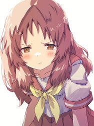 Rule 34 | 1girl, :|, akayama yukihe, blush, brown eyes, brown hair, closed mouth, commentary, cowboy shot, eyelashes, frown, glaring, half-closed eyes, highres, leaning forward, long hair, looking at viewer, mie ai, neckerchief, parted bangs, pleated skirt, red sailor collar, red skirt, sailor collar, school uniform, serafuku, shirt, short sleeves, simple background, skirt, solo, spiked hair, standing, sukinako ga megane wo wasureta, v-shaped eyebrows, white background, white shirt, yellow neckerchief