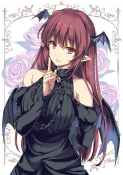 Rule 34 | 1girl, alternate costume, arm behind back, bare shoulders, black dress, breasts, dress, finger to cheek, fingernails, flower, halterneck, head wings, highres, jewelry, koakuma, large breasts, long fingernails, long hair, looking at viewer, monety, nail polish, necklace, parted lips, pink eyes, pinky out, pointy ears, purple hair, smile, solo, touhou, wings