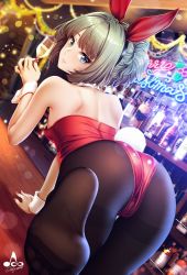Rule 34 | 1girl, alcohol, all fours, ass, bar (place), bare shoulders, blue eyes, blurry, blurry background, blush, bokeh, bottle, breasts, commentary, cup, depth of field, detached collar, drinking glass, dutch angle, fine fabric emphasis, foot up, from behind, glint, green eyes, green hair, hairband, heterochromia, highres, holding, holding cup, idolmaster, idolmaster cinderella girls, indoors, infinote, large breasts, leotard, looking at viewer, looking back, medium breasts, merry christmas, mole, mole under eye, nail polish, pantyhose, parted lips, playboy bunny, ponytail, rabbit tail, red leotard, red nails, short hair, shoulder blades, sidelocks, signature, smile, solo, tail, takagaki kaede, thighband pantyhose, wrist cuffs