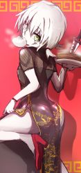 Rule 34 | 1girl, bad id, bad pixiv id, baozi, black dress, china dress, chinese clothes, dagger, dress, facial scar, fate/grand order, fate (series), food, food in mouth, green eyes, hair between eyes, head tilt, high heels, highres, holding, holding plate, jack the ripper (fate/apocrypha), knife, looking at viewer, looking back, mouth hold, plate, red footwear, scar, scar across eye, scar on cheek, scar on face, short sleeves, silver hair, sketch, solo, standing, standing on one leg, wada kazu, weapon