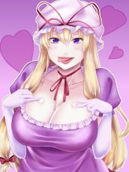 Rule 34 | 1girl, artist request, bad id, bad pixiv id, blonde hair, blush, bow, breasts, cleavage, dress, elbow gloves, gloves, hair ornament, hair ribbon, hands on own chest, hat, hat bow, heart, heart background, highres, large breasts, licking lips, looking at viewer, mob cap, purple dress, purple eyes, ribbon, tongue, tongue out, touhou, white gloves, yakumo yukari