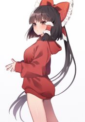 Rule 34 | 1girl, :/, adapted costume, blunt bangs, blush, bottomless, bow, breasts, brown eyes, brown hair, commentary request, cowboy shot, frilled bow, frilled hair tubes, frills, from side, hair bow, hair tubes, hakurei reimu, highres, hood, hoodie, long hair, long sleeves, medium breasts, own hands together, puffy long sleeves, puffy sleeves, red bow, red hoodie, simple background, solo, standing, touhou, touya (konpekitou), very long hair, white background