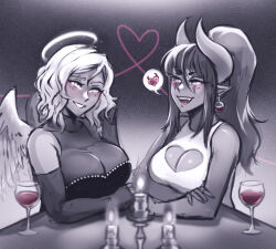 Rule 34 | 2girls, angel, angel wings, bare shoulders, breasts, candle, cleavage, cleavage cutout, clothing cutout, commentary, cup, demon girl, demon horns, drinking glass, earrings, english commentary, eye contact, fang, hair between eyes, halo, heart, heart cutout, highres, holding hands, horns, iahfy, jewelry, large breasts, looking at another, lucia (iahfy), multiple girls, open mouth, original, pointy ears, ponytail, short hair, sketch, sleeveless, smile, speech bubble, spoken heart, synth (iahfy), teeth, tongue, wine glass, wings, yuri
