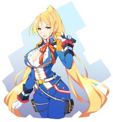 Rule 34 | 1girl, blonde hair, blue jacket, blue pants, bow, breasts, cleavage, gloves, hair behind ear, holding, holding microphone, jacket, joanna (smc), large breasts, microphone, mole, mole under eye, official alternate costume, pants, red bow, red eyes, sin6, smile, solo, super mecha champions, thigh strap, white gloves