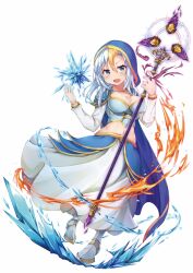 Rule 34 | 1girl, airmisuzu, armor, blonde hair, blue eyes, breasts, cleavage, crop top, fire, full body, hearthstone, highres, holding, holding staff, hood, ice, jaina proudmoore, multicolored hair, navel, open mouth, shoulder armor, simple background, solo, staff, streaked hair, two-tone hair, warcraft, white hair, wizard, world of warcraft
