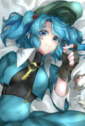 Rule 34 | 1girl, bifrst, black gloves, blue eyes, blue hair, blue hat, breasts, crop top, fingerless gloves, gloves, green hat, hair bobbles, hair ornament, hat, highres, kawashiro nitori, key, looking at viewer, lying, medium breasts, on back, robot, screw, smile, solo, touhou, two side up, wing collar, wrench