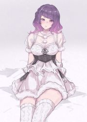 Rule 34 | 1girl, 72megg, absurdres, braid, breasts, dress, frills, highres, idolmaster, idolmaster shiny colors, light purple hair, looking at viewer, medium breasts, medium hair, open mouth, puffy short sleeves, puffy sleeves, purple eyes, purple hair, see-through, see-through sleeves, short sleeves, sitting, tanaka mamimi, thighhighs, white background, white dress, white thighhighs