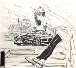 Rule 34 | 1girl, art tools in frame, blush, car, coat, crab, double v, highres, hiro (dismaless), long hair, long sleeves, looking at viewer, motor vehicle, open mouth, original, outdoors, pants, photo (medium), short hair, signature, solo focus, traditional media, v, vehicle focus