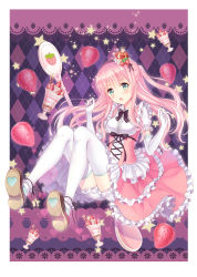 Rule 34 | 1girl, absurdres, argyle, argyle background, argyle clothes, blush, border, bow, breasts, center frills, elbow gloves, food, frills, fruit, gloves, green eyes, heart, highres, lace, lace border, long hair, ltt challenger, original, ornate border, outside border, pink hair, socks, solo, spoon, star (symbol), strawberry, thighhighs, white thighhighs