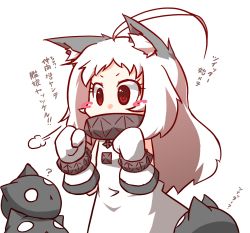 Rule 34 | 10s, 1girl, ?, abyssal ship, ahoge, animal ears, blush stickers, cat ears, chibi, dress, inori (xyz5568), kantai collection, kemonomimi mode, mittens, northern ocean princess, pale skin, red eyes, solo, translation request, white dress, white hair