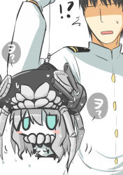 Rule 34 | !?, 10s, 1boy, 1girl, abyssal ship, admiral (kancolle), aqua eyes, black hair, blush stickers, bodysuit, breasts, chibi, faceless, faceless male, fishing hook, fishing line, gloves, goma (gomasamune), grey hair, hanging breasts, hat, kantai collection, long hair, military, military uniform, monster, naval uniform, open mouth, pale skin, sweatdrop, turret, uniform, wo-class aircraft carrier