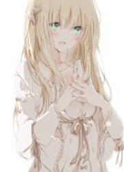 Rule 34 | 1girl, blonde hair, bow, green eyes, hair bow, hiro (hirohiro31), long hair, looking at viewer, open mouth, original, ribbon, simple background, solo, white background, wide sleeves