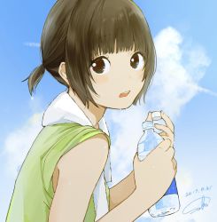 Rule 34 | 1girl, bare shoulders, blue sky, blush, bottle, brown eyes, brown hair, cloud, dated, day, from side, green shirt, highres, holding, holding bottle, looking at viewer, looking to the side, open mouth, original, sako (35s 00), shirt, short hair, short ponytail, short sleeves, sidelocks, signature, sky, solo, sweat, tareme, towel, towel around neck, upper body, water bottle