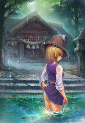 Rule 34 | 1girl, ass, blonde hair, clothes lift, cloud, cloudy sky, female focus, from behind, hat, looking back, miniskirt, moriya suwako, panties, pleated skirt, rain, rained, roots, rope, scenery, shide, shimenawa, shrine, skirt, skirt lift, sky, sleeves rolled up, solo, stairs, stone lantern, touhou, tree, underwear, upskirt, wading, water, wet, wet clothes, white panties