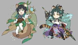Rule 34 | 2boys, animal ears, bead necklace, beads, black hair, blue hair, braid, cape, chibi, closed mouth, facial mark, flower, forehead mark, full body, genshin impact, gloves, green eyes, green hair, green headwear, grey background, hair between eyes, hat, highres, holding, holding weapon, instrument, jewelry, long sleeves, lyre, male focus, mask, multiple boys, necklace, open mouth, papajay (jennygin2), petals, polearm, simple background, tail, twin braids, venti (genshin impact), weapon, xiao (genshin impact), yellow eyes