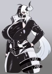 Rule 34 | 1girl, absurdres, bell, belt, black eyes, black hair, bodysuit, breasts, cameltoe, cat bell, covered erect nipples, curvy, exabyte (parallax05), gas mask, gloves, gradient background, grey background, hair between eyes, hand on own hip, high collar, highres, horns, huge breasts, jacket, long hair, looking at viewer, mask, multicolored clothes, multicolored hair, simple background, thick thighs, thighs, white hair, wide hips, zipper