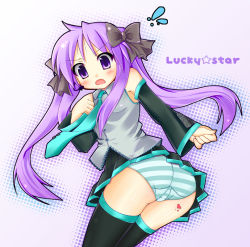 Rule 34 | 1girl, ass, bad id, bad pixiv id, bare shoulders, black thighhighs, blue eyes, blush, bow, cosplay, detached sleeves, embarrassed, from behind, frown, hair bow, hatsune miku, hatsune miku (cosplay), headset, heart, hiiragi kagami, long hair, looking back, lucky star, microphone, necktie, ooji cha, open mouth, panties, pantyshot, pleated skirt, purple hair, skirt, solo, striped clothes, striped panties, sweat, thick thighs, thighhighs, thighs, tsurime, twintails, underwear, upskirt, vocaloid