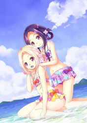 Rule 34 | 54hao, :d, bare arms, bare legs, bare shoulders, barefoot, bikini, blonde hair, blue sky, breasts, closed mouth, cloud, day, floral print, flower, forehead, hair flower, hair ornament, hair rings, hands on another&#039;s shoulders, highres, kneeling, long hair, navel, open mouth, original, outdoors, print bikini, purple bikini, purple eyes, purple hair, siblings, sisters, sitting, sky, small breasts, smile, soles, swimsuit, twins, white flower, yellow background, yokozuwari