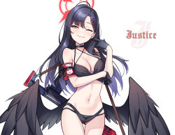 Rule 34 | 1girl, ;), ahoge, armband, bikini, black bikini, black gloves, black hair, black wings, blue archive, breasts, closed mouth, gloves, gun, hair ornament, hairclip, halo, highres, ichika (blue archive), low wings, mayoichi, medium breasts, navel, one eye closed, parted bangs, red halo, smile, stomach, swimsuit, weapon, white background, wings